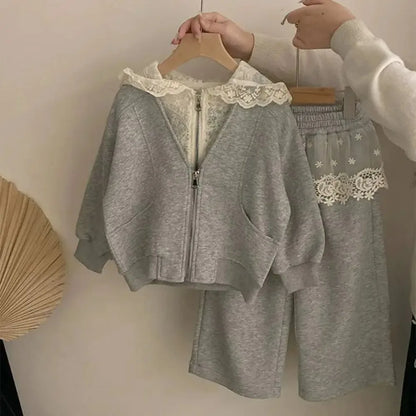 Cute Lace Patchwork Hoodie & Pants Two-piece Set