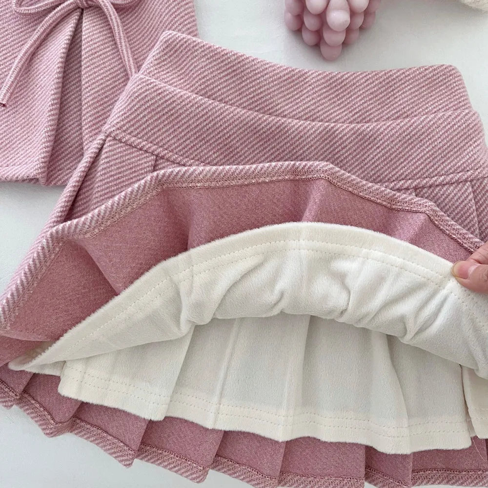 Pink and Blue Bow Vest & Pleated Skirt Two Piece Set