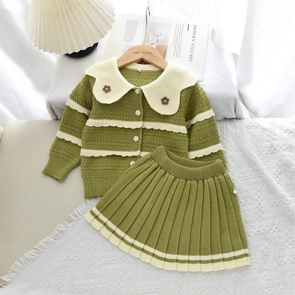Doll Collar Cardigan & Pleated Skirt Two-piece Set