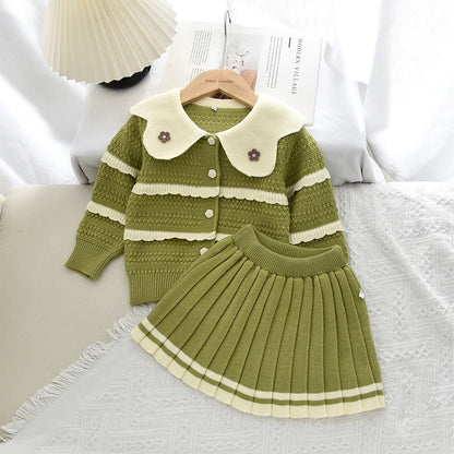 Doll Collar Cardigan & Pleated Skirt Two-piece Set