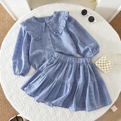 Flower Embroidery Doll Collar Shirt Top & Skirt Set