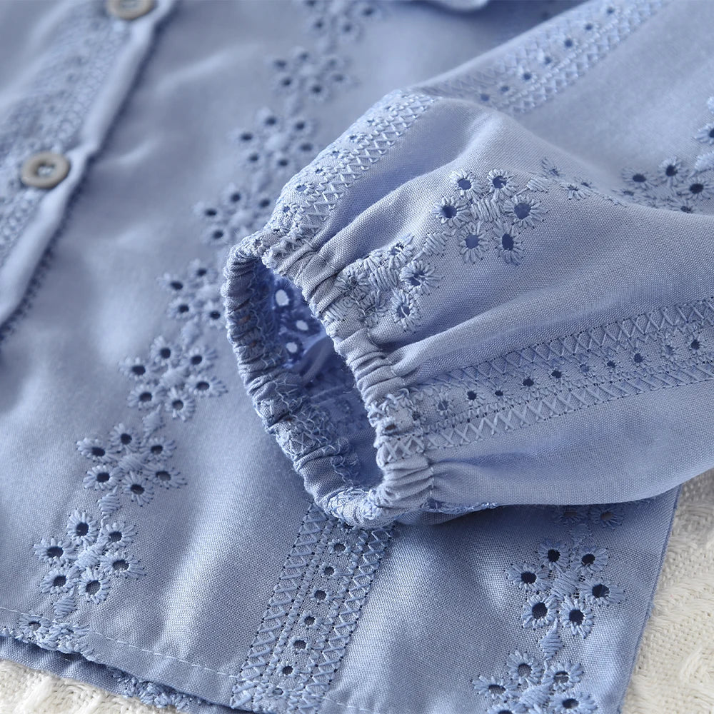 Flower Embroidery Doll Collar Shirt Top & Skirt Set