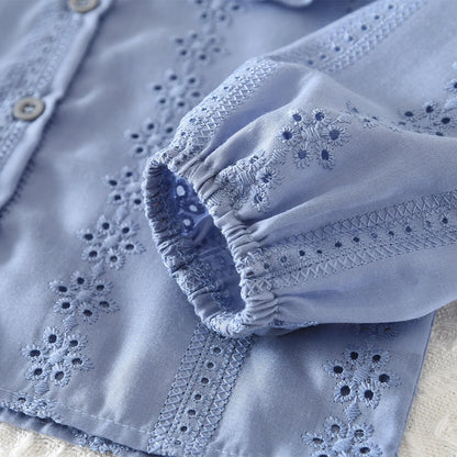 Flower Embroidery Doll Collar Shirt Top & Skirt Set