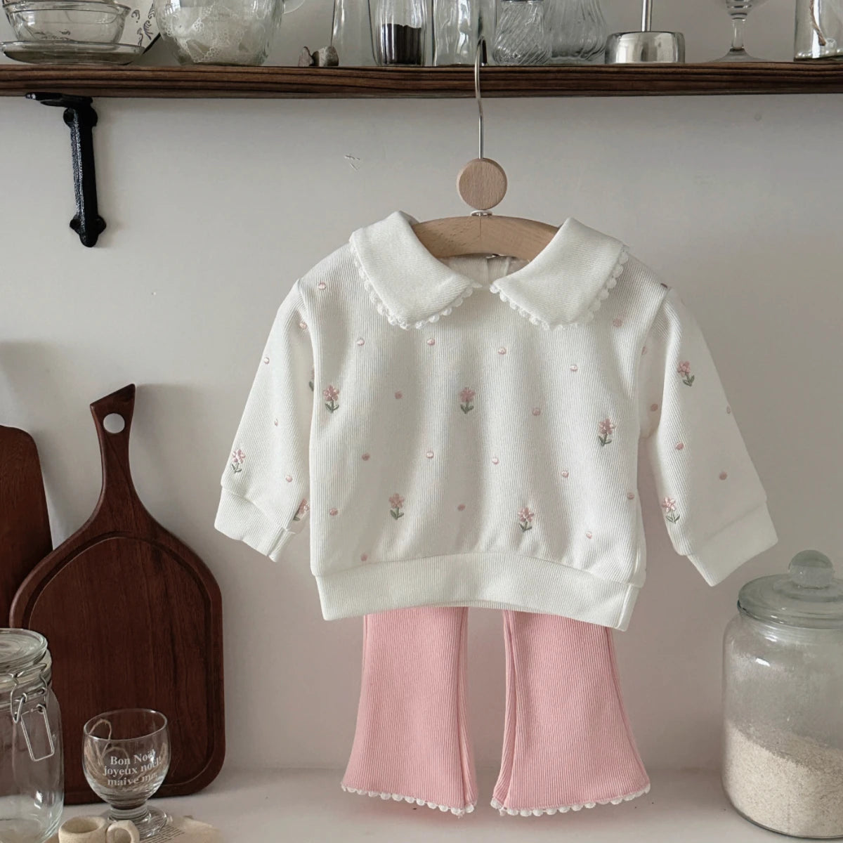 New Girls Floral Embroidered Top & Bottom Baby Set