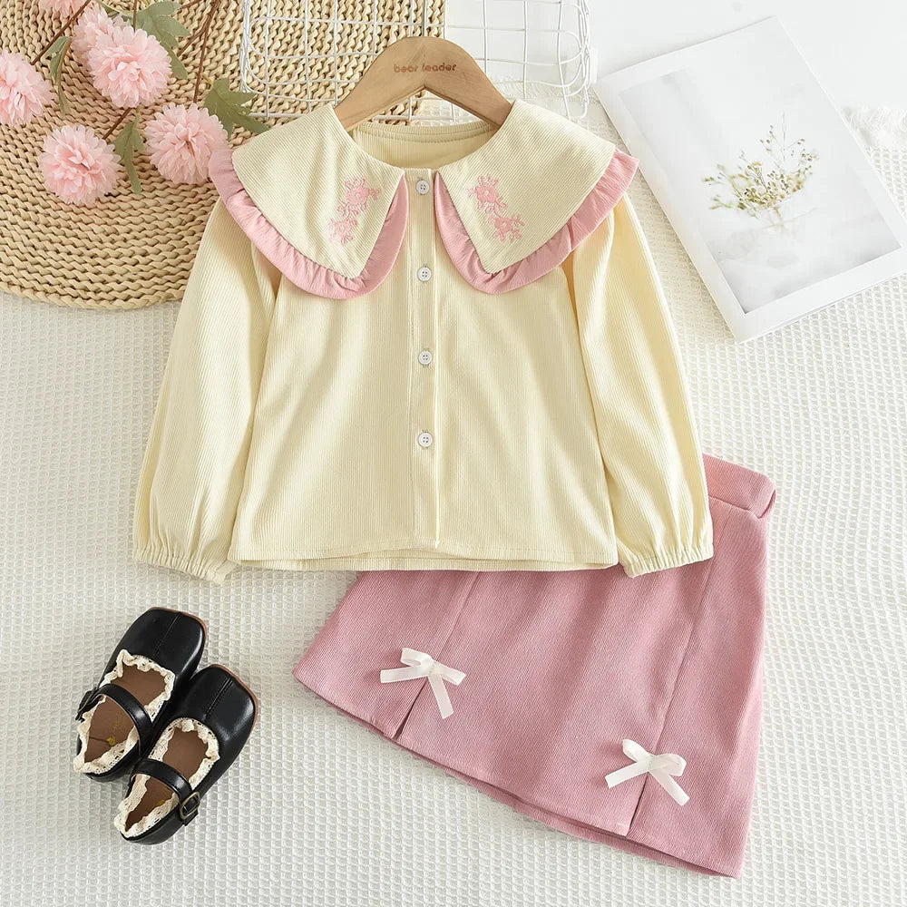 Sweet Lapel Embroidered Top & Bow Skirt Two-piece Set
