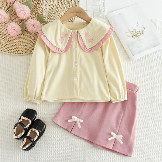 Sweet Lapel Embroidered Top & Bow Skirt Two-piece Set