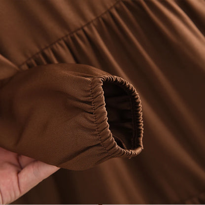 Coffee Long Sleeved Dress & Beige Teddy Velvet Vest Set