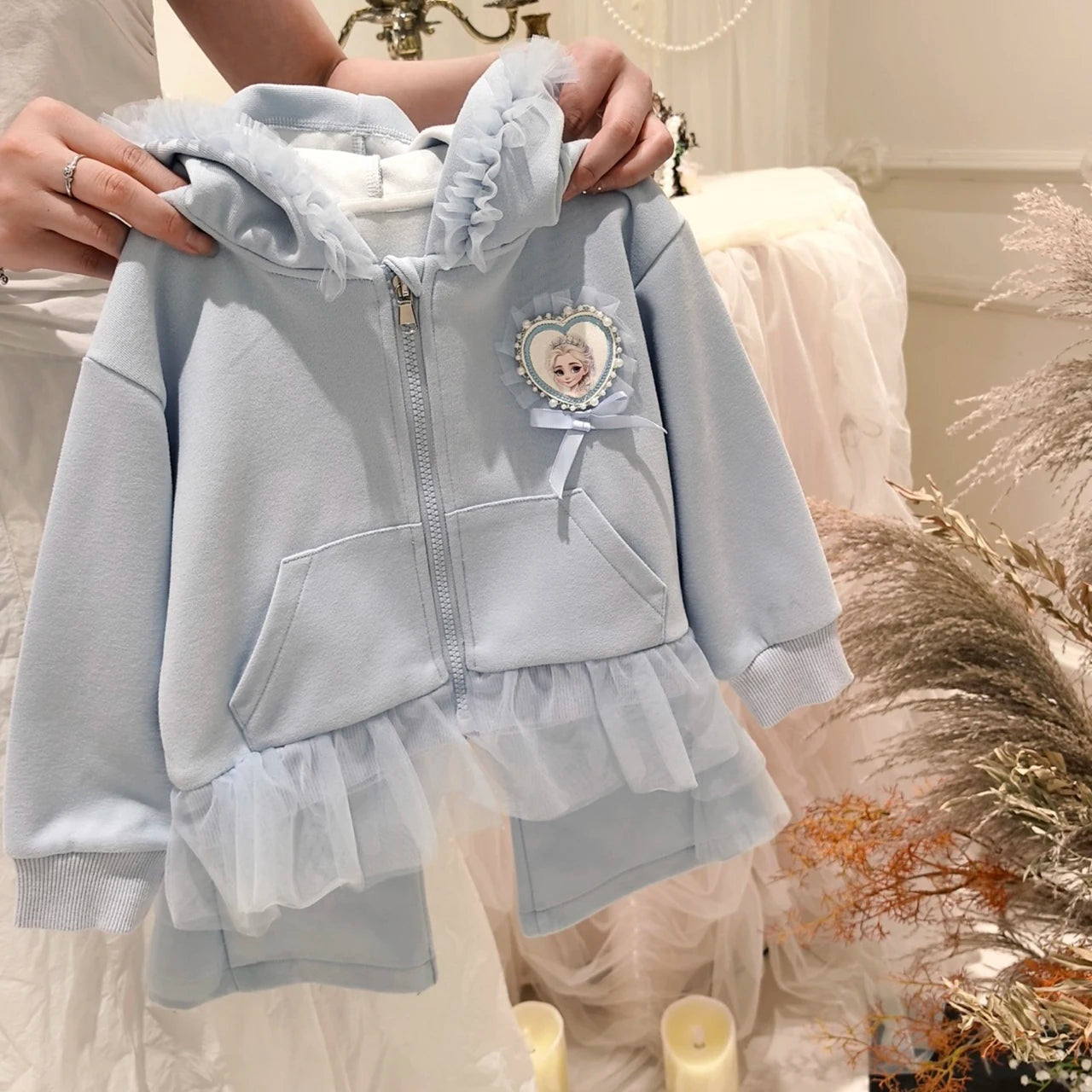 Elsa Princess Zippered Hooded Jacket & Bellbottom Pants