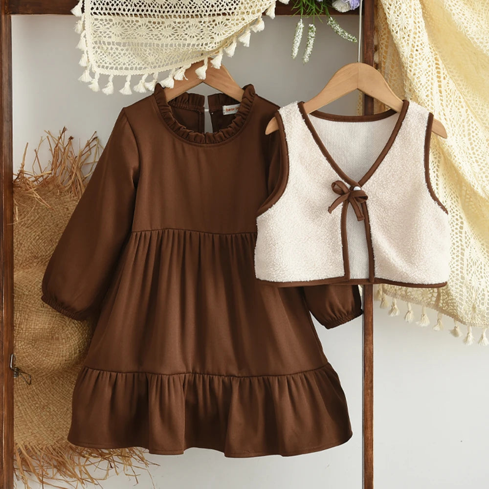Coffee Long Sleeved Dress & Beige Teddy Velvet Vest Set