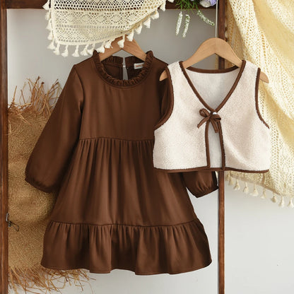 Coffee Long Sleeved Dress & Beige Teddy Velvet Vest Set