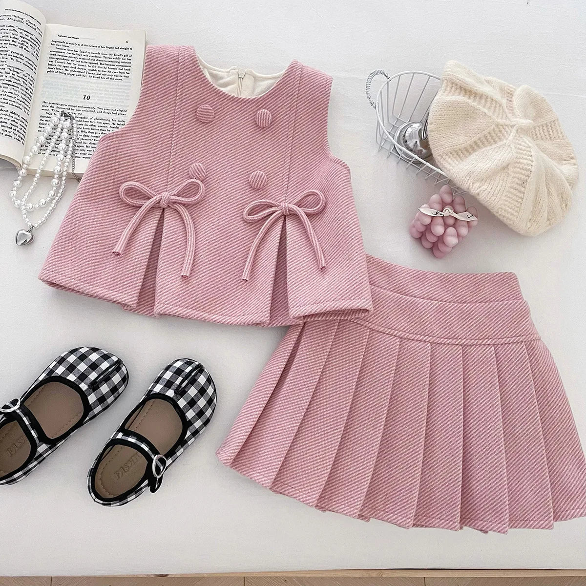 Pink and Blue Bow Vest & Pleated Skirt Two Piece Set