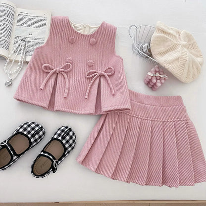 Pink and Blue Bow Vest & Pleated Skirt Two Piece Set