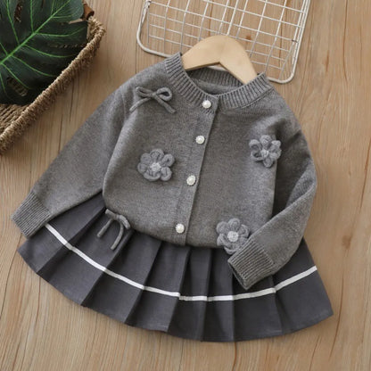 Sweet and Cute Flower Knitted Cardigan & Pleated Skirt Two-Piece Set