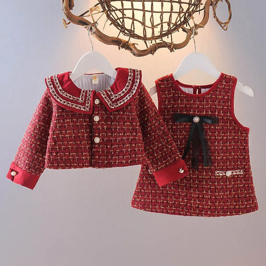 Plaid Coat & Tank Dress Set