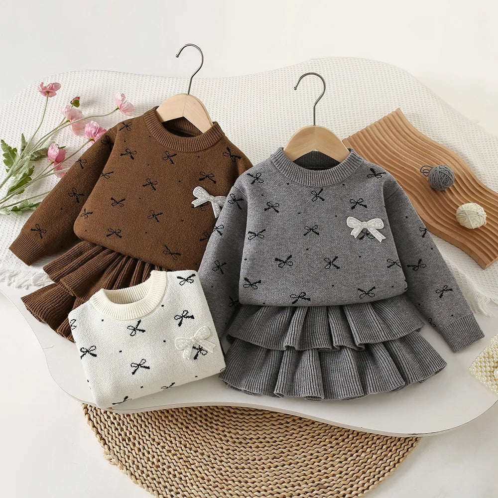 Bow Sweater And Pleated Skirt Set