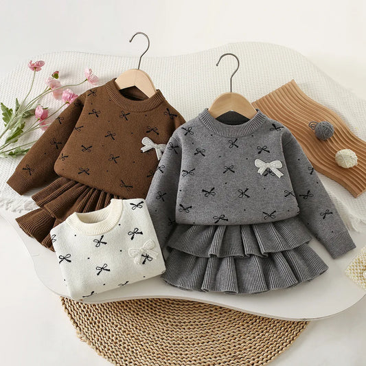Bow Sweater And Pleated Skirt Set