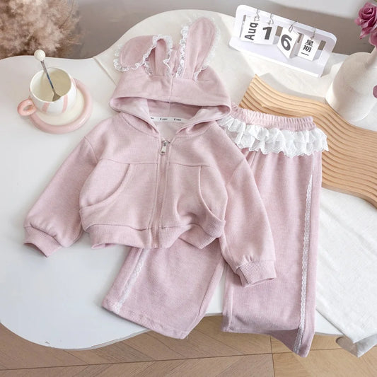 Cute Lace Patchwork Hoodie & Pants Two-piece Set
