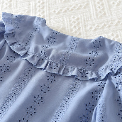 Flower Embroidery Doll Collar Shirt Top & Skirt Set