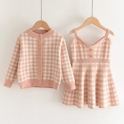 Sweater Cardigan & Pleated V-Neck Camisole Dress Set