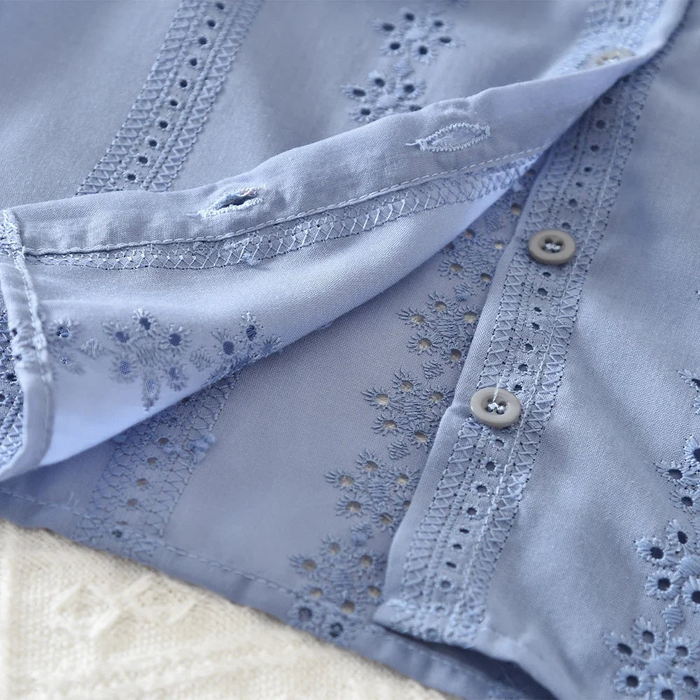 Flower Embroidery Doll Collar Shirt Top & Skirt Set