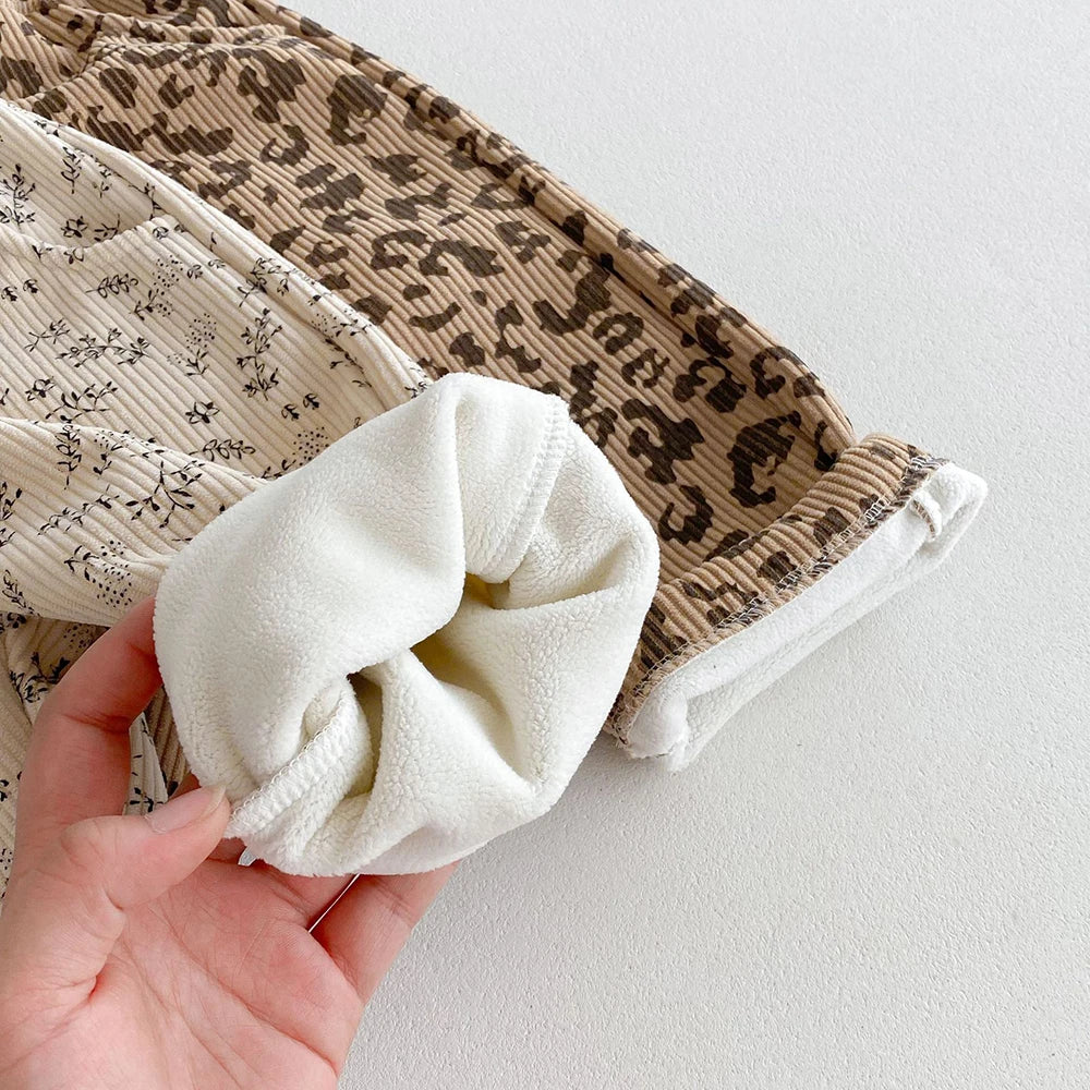 Warm Fleece-Lined Kids Pants - Floral & Leopard Print
