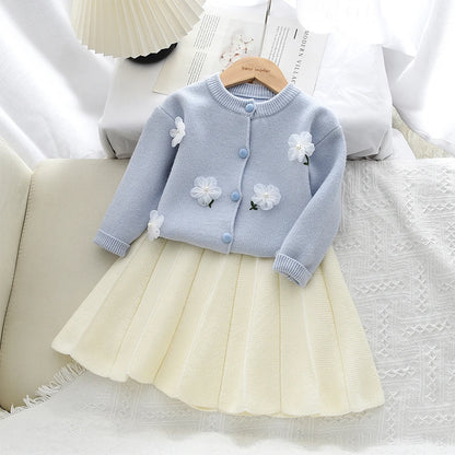Sweet Blue Flower Knitted Cardigan Top & Beige Skirt Two-piece Set