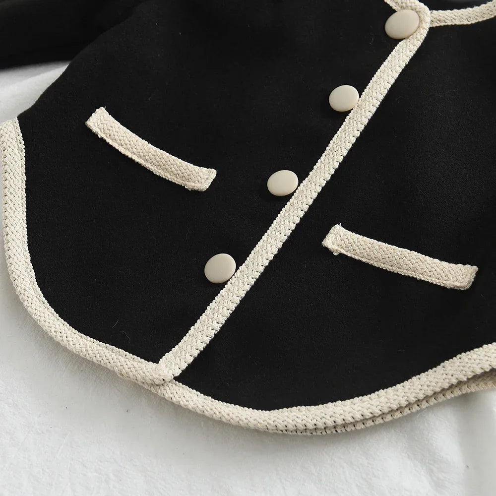 Black Edge Round Neck Button Top & Skirt Two Piece Set