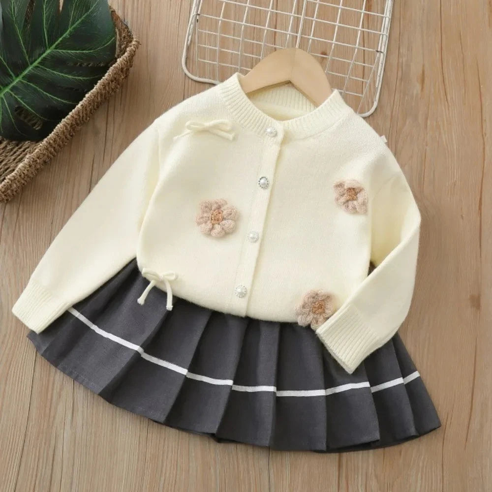 Sweet and Cute Flower Knitted Cardigan & Pleated Skirt Two-Piece Set