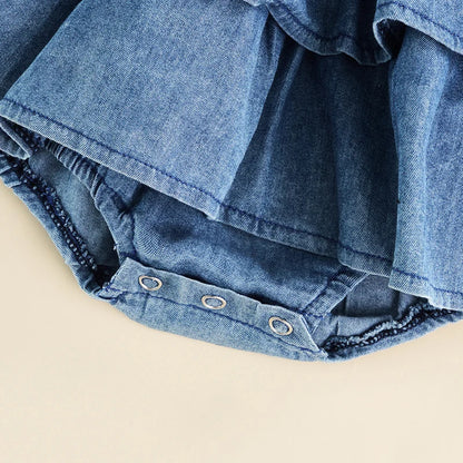 Girl Denim Romper – Sleeveless Ruffle Hem Jumpsuit