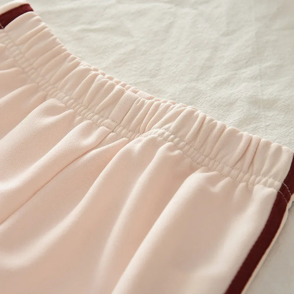 Beige Bow Top & Striped Pants Two-piece Set