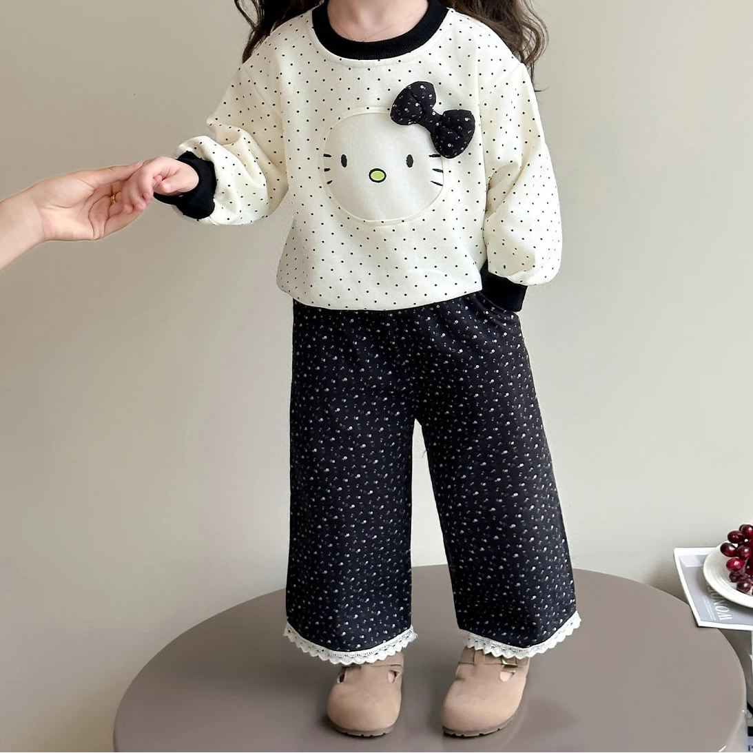 Polka Dot Sweatshirt and Lace Wide Leg Pants 2Pcs Set