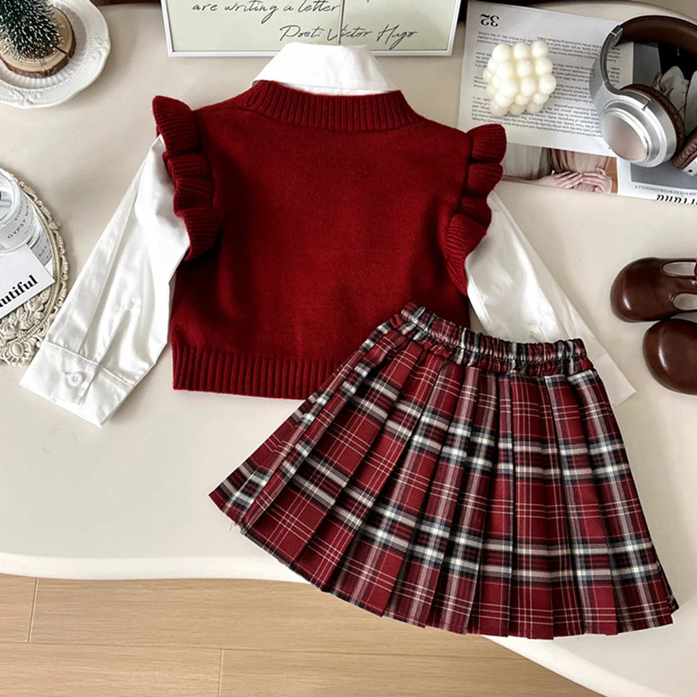Knitted Vest With Turn-Down Collar & Plaid Skirt - 3pc Set Outfit