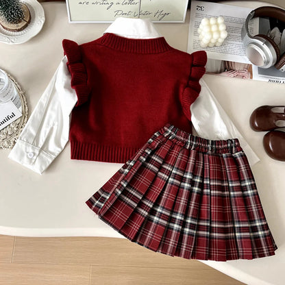 Knitted Vest With Turn-Down Collar & Plaid Skirt - 3pc Set Outfit