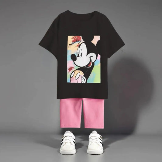 Mickey Mouse 100% Cotton T-Shirt and Pink Shorts Set