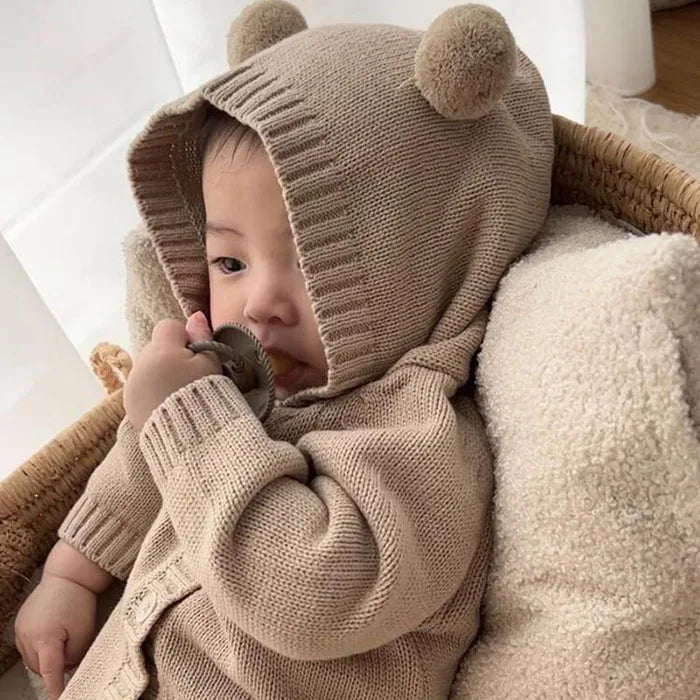 Knitted Solid Color Hooded Baby Romper