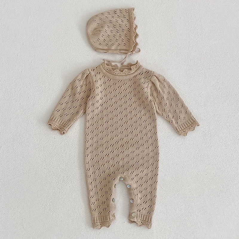 Knitted Solid Color Hooded Baby Romper
