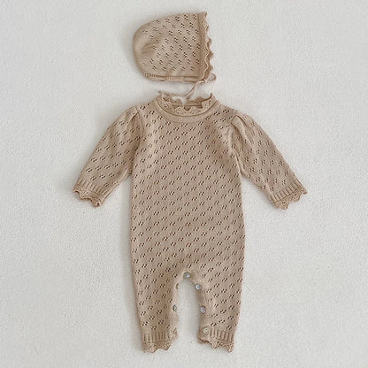 Knitted Solid Color Hooded Baby Romper