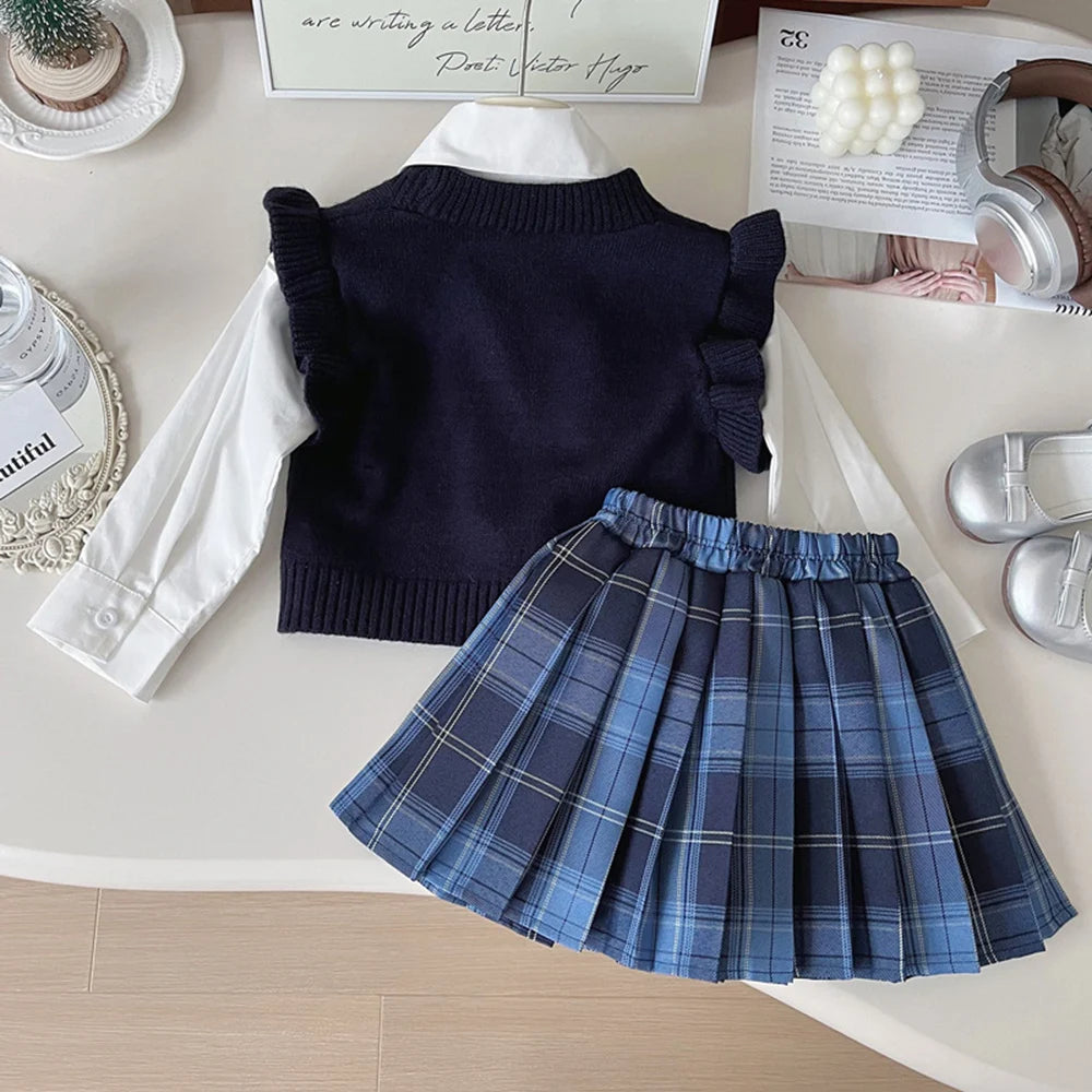 Knitted Vest With Turn-Down Collar & Plaid Skirt - 3pc Set Outfit