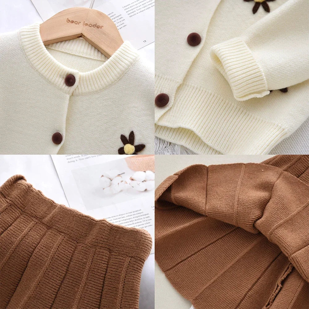 Beige Daisy Sweater Cardigan & Coffee Skirt 2Pcs