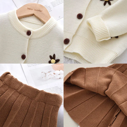 Beige Daisy Sweater Cardigan & Coffee Skirt 2Pcs
