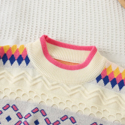 Jacquard Knitted Grid Wave Sweater And Rose Red Pleated Skirt Set