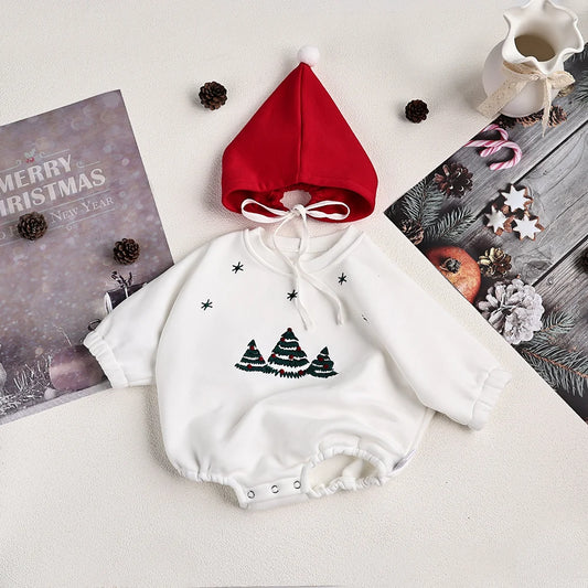 Christmas Fur Lining Bodysuit Christmas Tree Embroidery With Hat