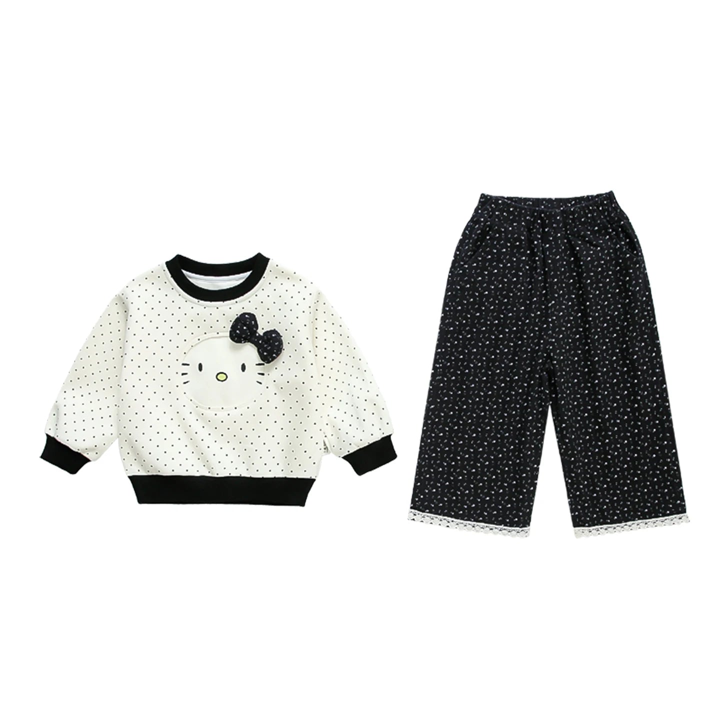 Polka Dot Sweatshirt and Lace Wide Leg Pants 2Pcs Set