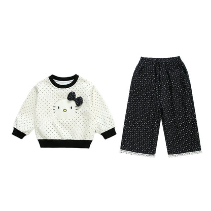 Polka Dot Sweatshirt and Lace Wide Leg Pants 2Pcs Set