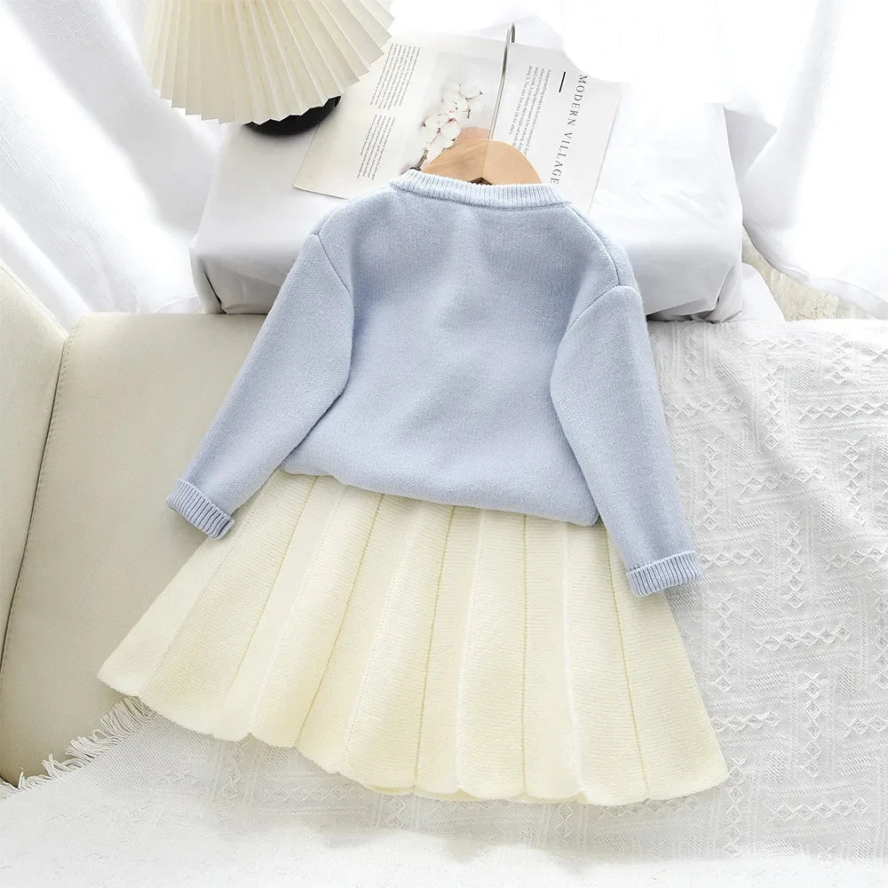 Sweet Blue Flower Knitted Cardigan Top & Beige Skirt Two-piece Set