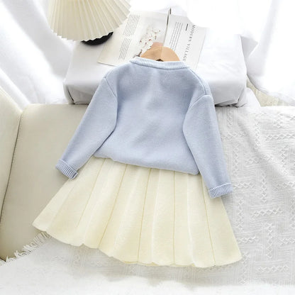 Sweet Blue Flower Knitted Cardigan Top & Beige Skirt Two-piece Set