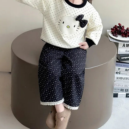 Polka Dot Sweatshirt and Lace Wide Leg Pants 2Pcs Set