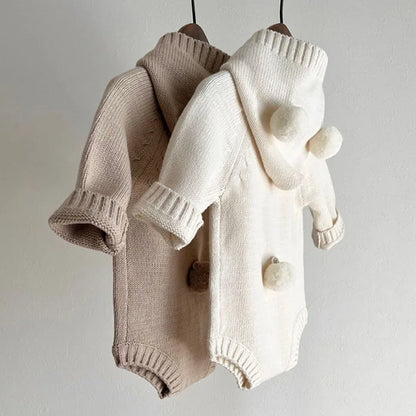 Knitted Solid Color Hooded Baby Romper