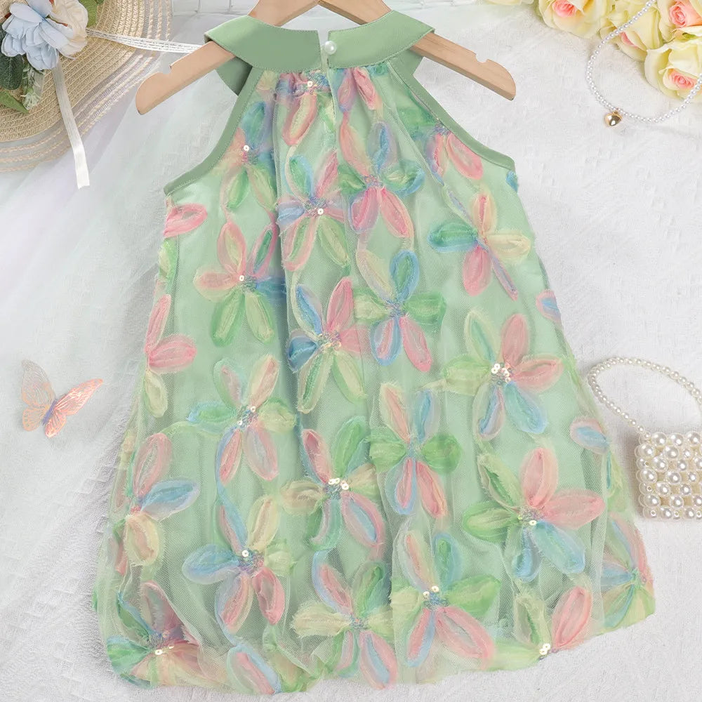Bow Mesh Flower Sleeveless Dress
