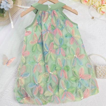 Bow Mesh Flower Sleeveless Dress